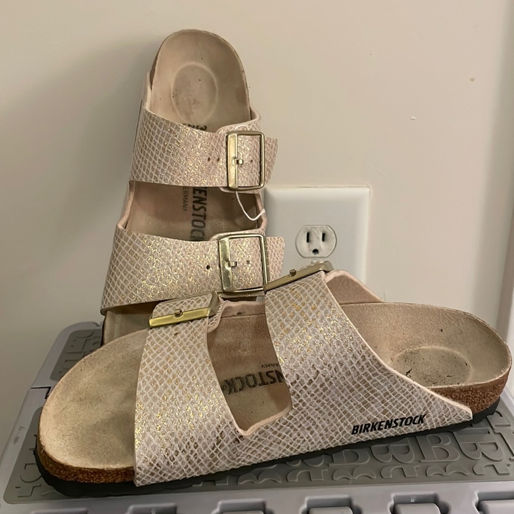 Gold snakeskin Birkenstock sandals